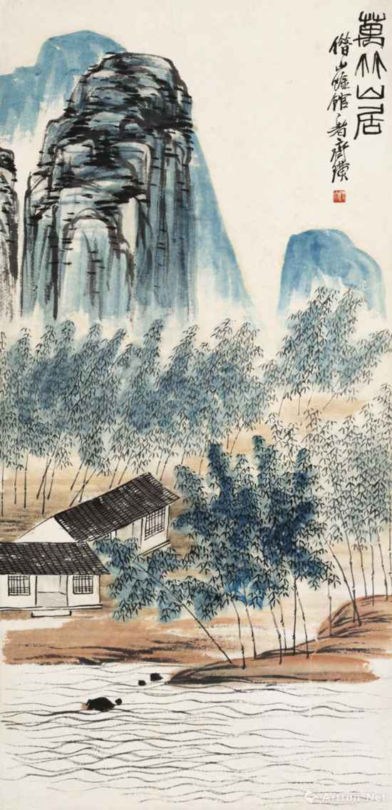 万竹山居 齐白石　轴 纸本设色 102.5×49.5cm 无年款 北京画院藏　题款：万竹山居。借山吟馆主者齐璜。